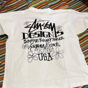 Stussy summer graphic logo double side T-shirt, size large new with tags in bag